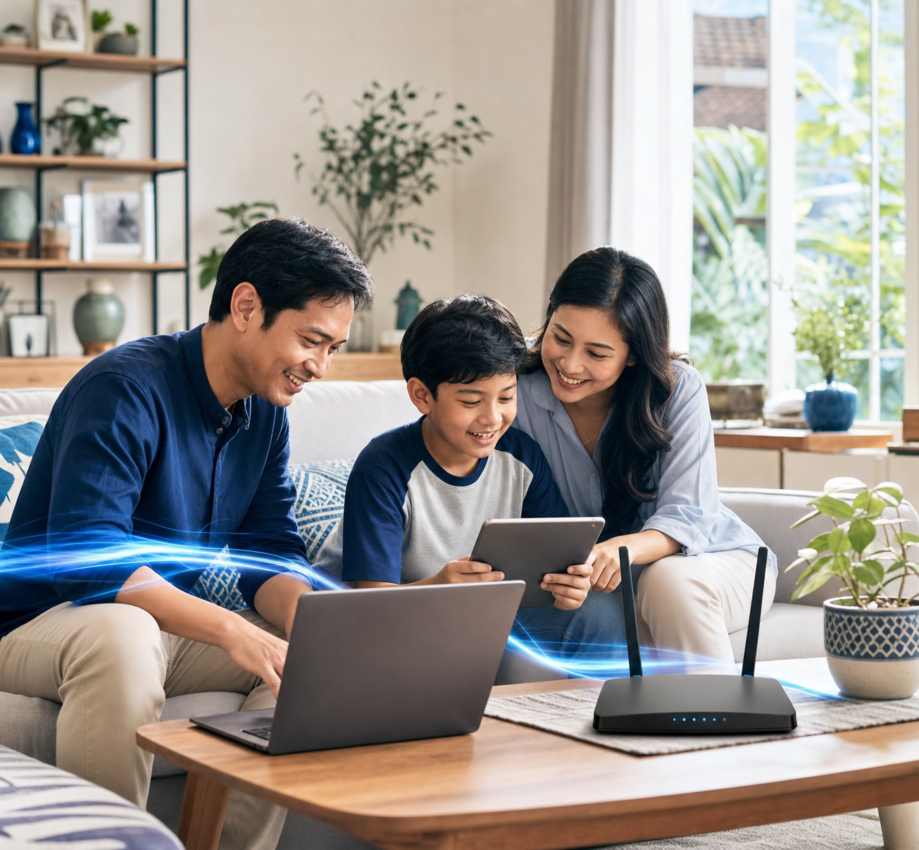Keluarga Indonesia menikmati koneksi internet fiber bersama di rumah